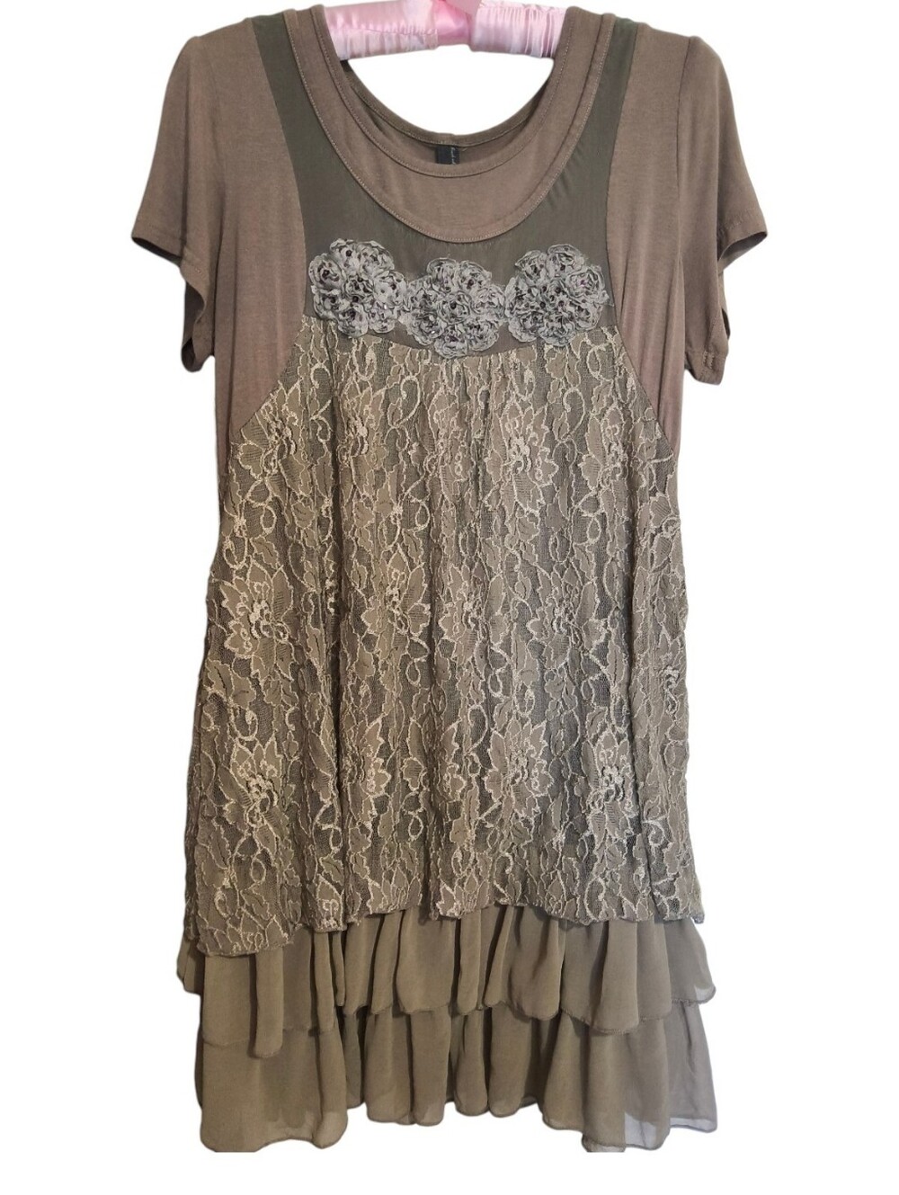 Taupe - Grey Brown Boho Lace Ruffle Tunic Dress with Fairycore Rosettes Large